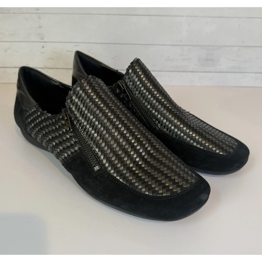 Sesto Meucci Women's 9M Woven Leather Suede Zip Shoes Black Metallic Italy